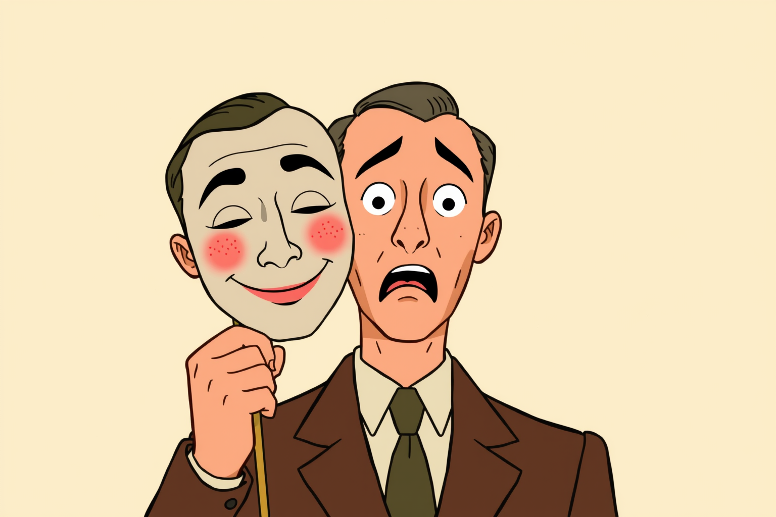 Illustration of a man holding a calm smiling mask beside his terrified face