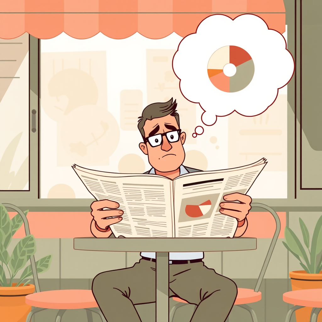 Illustration of a skeptical person reading a newspaper at a cafe with a thought bubble showing a pie chart