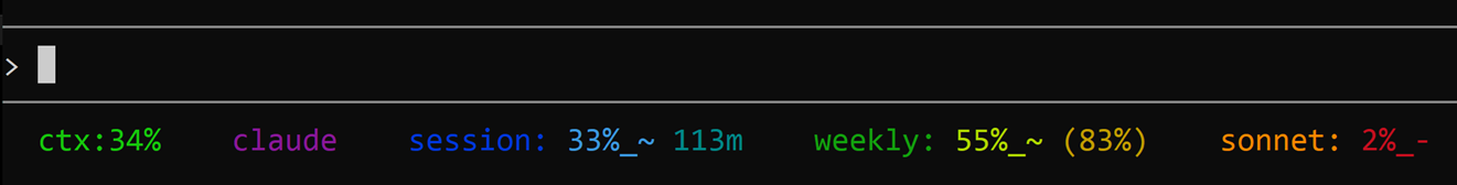 Claude Code status line showing rainbow gradient with quota burn rates